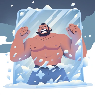 A Goliath with a muscular build and rugged features is encased within a massive block of clear ice. His expression is one of intense struggle, with a furrowed brow and gritted teeth. The ice surrounding him has intricate, sharp textures and reflects light in a prism of colors. His arms are raised, and veins are prominently visible as he pushes against the icy confinement. Snowflakes are gently falling around the ice block, and the ground is covered with a thin layer of frost. In the background, a dark, overcast sky looms, adding to the dramatic atmosphere of the scene.