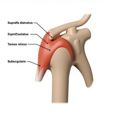 A detailed anatomical illustration showing the inflammation of the rotator cuff tendons. The image highlights the shoulder joint, with clear labeling of the rotator cuff tendons, including the supraspinatus, infraspinatus, teres minor, and subscapularis. The affected tendons appear swollen and red, indicating inflammation. Surrounding muscles and bones, such as the scapula and humerus, are visible for context. Arrows point to the inflamed areas for emphasis, and a scale bar is included for reference.