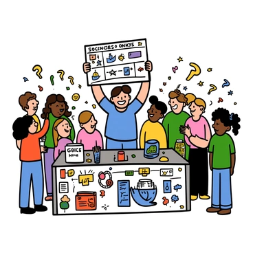 A child with light skin and short brown hair is standing next to a science project display at a school fair. They are smiling proudly, holding up a colorful poster that features diagrams and illustrations. The child is wearing a blue t-shirt and jeans. Surrounding them are excited visitors, including children and adults, who are looking at the project and engaging with the displayed materials. The scene is filled with vibrant colors from the various posters and decorations around the fair.