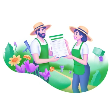 A gardener, wearing a green apron and a sun hat, is handing a printed invoice to a homeowner who is dressed in casual attire. The gardener is standing amidst lush greenery, surrounded by colorful flowers in full bloom. The homeowner is smiling, taking the invoice with a look of appreciation. In the background, there are neatly trimmed hedges, decorative garden ornaments, and a small pathway that winds through the vibrant garden. The scene is filled with bright sunlight that highlights the beauty of the garden.