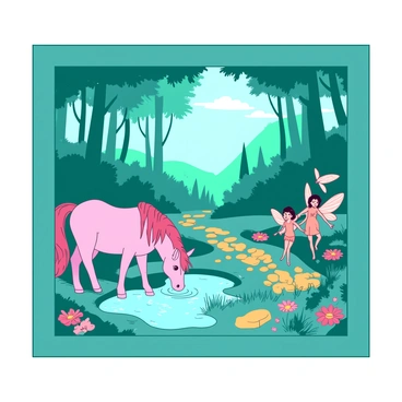 A teal framed scene showcases an enchanted forest filled with various fairy tale creatures. In the foreground, a pink unicorn with a shimmering mane is grazing near a small shimmering pond. To the right of the pond, a group of orange fairies with delicate wings is dancing among vibrant flowers. In the background, towering teal trees stretch high, their leaves shimmering under soft golden light. A path made of golden stones winds through the forest, leading deeper into the enchanting scenery.