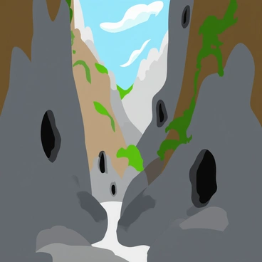 Several caves are visible within the rugged walls of a deep chasm. The chasm is surrounded by jagged rock formations in varying shades of gray and brown. Each cave entrance is dark and inviting, suggesting a mystery waiting to be uncovered. Vines and moss grow along the rock surfaces, adding a touch of greenery to the scene. Sunlight filters down into the chasm, casting soft shadows and illuminating the textures of the rock walls.