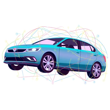 A sleek, modern car with a metallic finish is embedded in a dense network of colorful threads. The threads are intertwined, forming a vibrant tapestry around the car, with hues of red, blue, yellow, and green contrasting against the vehicle's surface. The threads appear to be in motion, creating a dynamic, flowing effect that engulfs the car. The scene captures the intricate details of the car's design, including its headlights and alloy wheels, partially obscured by the vibrant threads.