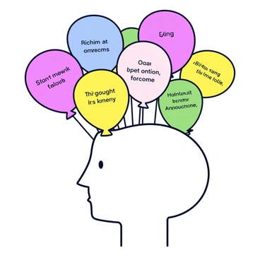A head silhouette filled with various pastel-colored balloons. Each balloon is labeled with a different thought in a clear font. The balloons are in shades of pink, blue, yellow, and green, floating above the head. The head is positioned in a neutral stance, with a simple outline, allowing the colorful balloons to stand out prominently.