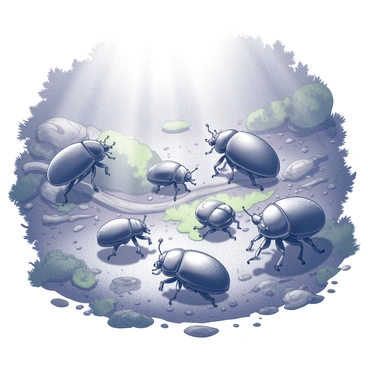 A forest floor scene filled with various beetles, each exhibiting distinct shapes and sizes. Some beetles are blending seamlessly into the leaf litter and moss, their patterns and textures mimicking the natural surroundings, while others are prominently visible, standing out against the earthy tones of the forest floor. The ground is covered in fallen leaves, twigs, and patches of moss, providing a rich backdrop for the beetles’ interactions. Sunlight filters through the canopy above, creating dappled light across the scene, illuminating the details of the insects.