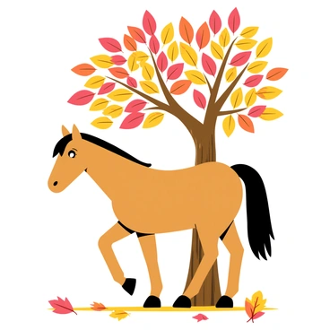A brown horse standing under a large tree with a thick trunk and spreading branches. The tree is covered in vibrant red, orange, and yellow leaves that are falling gently around the horse. The horse has a shiny coat and a calm expression, with its mane slightly blowing in the breeze. The ground is covered with a carpet of colorful fallen leaves, adding to the autumn scene.