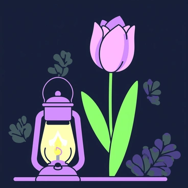 A rare tulip stands elegantly in the foreground, its petals delicately shaped and unique in design. The tulip emits a soft glow, illuminating its contours with a gentle light. Next to the tulip, a lantern casts a warm light, enhancing the tulip's vibrancy. The lantern is made of intricate metalwork, featuring a handle and a glass enclosure that houses the flickering flame. The background consists of dark foliage that contrasts with the light emanating from the lantern and the tulip, creating a moody and captivating atmosphere.