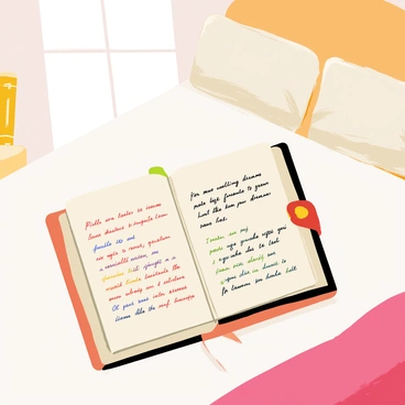 An open diary resting on a neatly made bed. The diary has a brown leather cover with a brass clasp. The pages of the diary are filled with handwritten text, showcasing a variety of colorful ink, depicting dreams and secrets. Soft light filters through a nearby window, casting gentle shadows on the bedspread. Fluffy pillows are arranged at the head of the bed, and a cozy blanket is draped casually over one side. A decorative bookend sits on the bedside table nearby, adding to the cozy atmosphere.