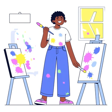Nami is standing in a bright, sunlit room, holding a paintbrush in one hand. She is wearing a white t-shirt that has colorful paint splatters all over it. Her jeans are similarly marked with various shades of paint, reflecting her artistic endeavor. Nami has a bright smile on her face, showcasing her enjoyment of the creative process. In the background, there are canvases propped up against the wall, some with vibrant paintings on them. A small easel stands beside her, holding a canvas in progress with splashes of color.