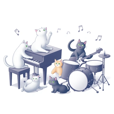 A group of cats gathered together, each engaged with a different musical instrument. One cat, a fluffy white Persian, is playing a grand piano, its paws gracefully dancing across the keys. Next to it, a sleek black cat with bright green eyes strums an electric guitar, its tail swaying to the rhythm. A playful tabby cat is seated behind a drum set, energetically tapping on the drums with its paws. Nearby, an orange cat is holding a microphone, singing joyfully into it. In the background, we can see various musical notes floating in the air, capturing the lively atmosphere of this feline band performance.