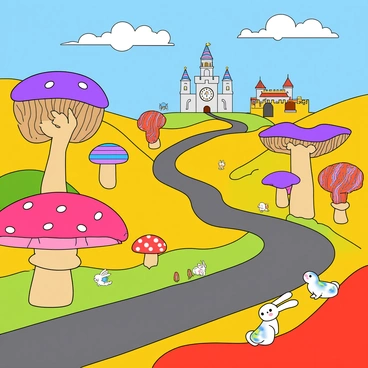 A whimsical landscape featuring a winding road that meanders through vibrant hills. The road is lined with colorful trees, each with uniquely shaped canopies in bright shades of pink, purple, and yellow. On one side of the road, there are large, oddly shaped mushrooms in various colors, some with polka dots and others with stripes. In the distance, peculiar destinations are visible, including a castle with twisted turrets and a giant clock tower with melting clock faces. There are fluffy clouds in the blue sky, each with a distinct shape, like animals and playful objects. Small creatures, such as rabbits with oversized ears and birds with colorful feathers, can be seen along the road, adding a sense of life and charm to the scene.