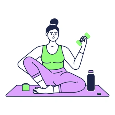 A person is seated in a yoga pose on a mat, demonstrating concentration curls with a dumbbell in their right hand. The individual is focused, with their left arm resting on their knee for support. They are wearing a fitted workout top and leggings that fit comfortably. The environment is serene, with a few yoga blocks and a water bottle nearby. The person has a determined expression while performing the exercise, emphasizing their commitment to fitness.