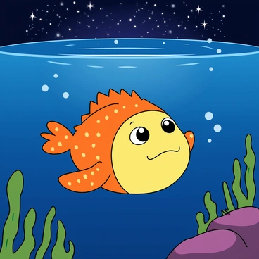 A colorful puffer fish with a round body and spiky texture is swimming in a deep blue ocean, gazing upward. Its large, expressive eyes are focused on a sparkling starry night sky visible from the water’s surface above. Surrounding the fish are soft, flowing seaweed and small bubbles rising toward the surface. The scene is illuminated with twinkling stars, casting a gentle light that filters down into the water. The puffer fish appears curious and contemplative as it floats in the tranquil ocean environment.