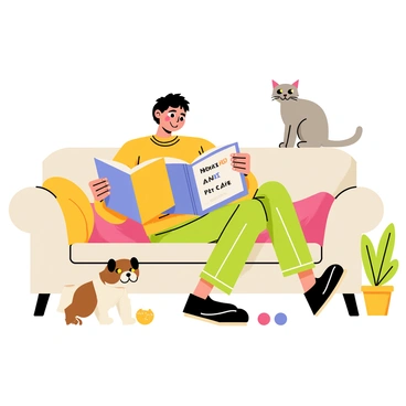 A pet owner sitting comfortably on a couch, holding an open book titled "Monkeypox and Pet Care." The owner has short brown hair and is wearing a cozy sweater. A small brown and white dog is lying at their feet, looking up attentively, while a fluffy gray cat is perched on the arm of the couch, curiously gazing at the book. The room is warmly lit, with a few pet toys scattered on the floor and a plant in the corner, creating a homely atmosphere.