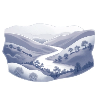 A vast landscape featuring rolling hills that rise and fall softly across the scene. The hills are dotted with trees, each displaying a variety of intricate patterns on their bark and leaves. Meandering through the hills is a winding river, its banks lined with rocks and foliage. The water flows gracefully, reflecting the surrounding details of nature. In the distance, the horizon is shaped by more hills, creating a layered effect. The sky above is expansive, completing the enchanting atmosphere of the landscape.