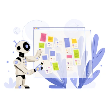 A futuristic robot with sleek metallic features and glowing blue eyes is positioned in front of a large, transparent holographic screen. The screen displays numerous colorful digital invoices, each with various icons and numbers. The robot is using a mechanical arm to carefully sort and organize the invoices, placing them into distinct categories displayed on the screen. The background is filled with elements that suggest a high-tech environment, such as abstract shapes and faint circuit patterns.