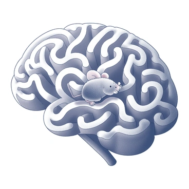 A mystical scene where a mouse navigates a maze shaped like a brain