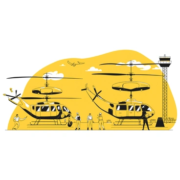 A row of KMAX helicopters parked on a bustling airfield. The helicopters feature a distinct design with two large rotors stacked above one another. Each helicopter has a sleek body, equipped with various cargo hooks beneath, and is positioned on a designated helipad. Ground crew members are seen in the foreground, attending to the helicopters and engaging in various tasks. In the background, an air traffic control tower and other aircraft are visible, with a clear blue sky overhead.