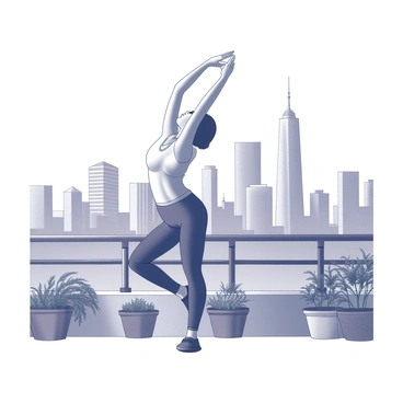 A person standing on a balcony, performing a stretching exercise. The individual is positioned with one arm raised high above their head and the other arm extended out to the side. The balcony has a railing adorned with potted plants. In the background, the city skyline is visible, showcasing tall buildings and skyscrapers under a clear sky. The scene captures the dynamic posture of the individual against the urban landscape.