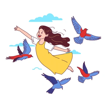 A young girl with flowing brown hair is soaring through the sky, her arms outstretched as she glides gracefully. She is wearing a bright yellow dress that flutters in the wind. Surrounding her is a flock of colorful birds, each bird displaying vibrant feathers in shades of red and blue. The sky is clear, and the sun casts a warm glow on the scene, illuminating the girl and the birds as they fly together in harmony.