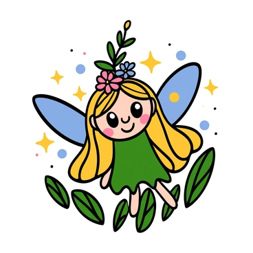 A whimsical close-up of a fairy with delicate features and big glowing eyes. The fairy has long, flowing hair adorned with tiny flowers and leaves. Her skin is light and slightly iridescent, reflecting a soft shimmer. She has a small, upturned nose and rosy cheeks. The background includes hints of sparkling lights and soft, blurred foliage to enhance the magical atmosphere.