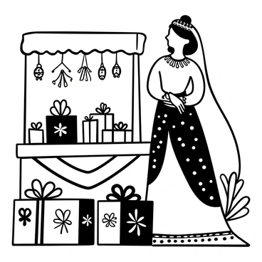 A bride wearing a traditional wedding attire stands beside an ornate dowry display. The dowry includes intricately designed jewelry, beautifully wrapped gifts, and decorative textiles. The bride's clothing features elaborate patterns and embellishments. The setting includes a backdrop of elegant fabrics and decorative elements that enhance the traditional theme.