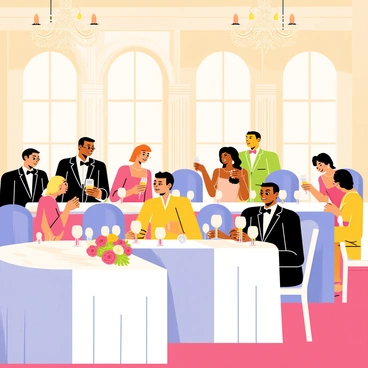An elegant charity gala dinner is set in a grand hall with high ceilings and sparkling chandeliers. Guests in formal wear are seated at beautifully decorated tables, each adorned with white tablecloths and centerpieces filled with vibrant flowers. The tables are arranged neatly in rows, with candles casting a warm glow across the scene. Guests are engaged in conversation, some holding sparkling glasses, while others admire the exquisite surroundings. Soft lighting highlights the intricate details of the decorations and the elegant attire of the guests.