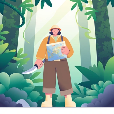 An explorer action figure with a tan shirt and brown cargo pants is positioned in the center of a thick jungle. The action figure is holding a shiny silver machete in its right hand, while its left hand grasps an unfolded map, revealing various landmarks. Lush green foliage surrounds the figure, with large tropical leaves and vines draping down. In the background, tall, dense trees rise, their trunks covered in moss. Sunlight filters through the canopy, creating dappled light on the forest floor, which is scattered with small rocks and fallen leaves.