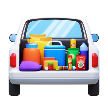 The backseat of a white car filled with colorful road trip supplies. There are several bags packed with essentials, including a bright blue insulated cooler. Various snacks are scattered throughout, including a large bag of potato chips, some granola bars, and a box of fruit snacks. A travel blanket is neatly folded in the corner, and a few water bottles are tucked into the side pockets. Sunlight streams through the windows, illuminating the scene.