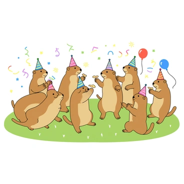 A group of lively prairie dogs gathered in a grassy field. Each prairie dog is wearing a tiny, colorful party hat made of paper. The prairie dogs are standing on their hind legs, some playfully interacting with one another. Surrounding them are bright, colorful decorations like streamers and balloons, creating a festive atmosphere. A few prairie dogs are holding small treats in their paws, while others are curiously looking around, their tails wagging in excitement. The scene captures a joyful celebration among the prairie dogs.