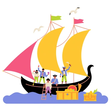A colorful ship with a large, billowing red and yellow sail is sailing on a bright blue sea. A group of cheerful pirates are gathered on the deck, wearing vibrant clothing in shades of blue, green, and purple. One pirate with a tri-corner hat is joyfully waving a cutlass, while another is climbing the ship's rigging. Seagulls are flying overhead, and a treasure chest is visible near the ship's bow, overflowing with gold coins and jewels.