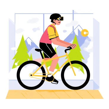 A person wearing a black helmet and goggles is pedaling on a stationary bike. They have a focused expression on their face, surrounded by bright, colorful virtual reality graphics. The scene displays a mountainous trail with vibrant green trees and a clear blue sky visible in the virtual environment. The bike is positioned on a wooden floor in a modern gym setting. There are energetic digital effects around the rider, suggesting motion and excitement in this immersive adventure.