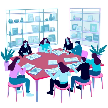 A cozy workshop setting with participants seated around a large wooden table. Each person has a sketchbook open in front of them, filled with partial drawings and ideas. Some individuals have pencils and charcoal in their hands, demonstrating concentration as they work on their sketches. The room has large windows allowing natural light to flood in, illuminating the creative atmosphere. Shelves in the background are filled with art supplies, books, and previous artworks. A few plants are placed around the space, adding a touch of greenery. One participant is sharing their work with a peer, while others are quietly absorbed in their own creations. The overall mood reflects a collaborative and inspiring environment focused on artistic development.