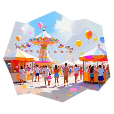 A vibrant carnival scene filled with excitement and energy. Several bean-shaped rides, each painted in bright colors, are spinning and rising above the crowd. People are laughing and enjoying themselves, with a variety of games set up along the pathways. Colorful tents and vibrant balloons add to the festive atmosphere, while families and friends gather around to try their luck at games like ring toss and balloon darts. The ground is covered with colorful confetti, enhancing the lively mood of the carnival.