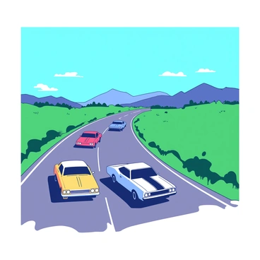 A long, winding highway stretches into the distance, flanked by green grass on either side. Several American cars in various colors are speeding along the road. The sky above is clear and bright, with a vivid blue hue dominating the scene. In the background, mountains are faintly visible, adding depth to the landscape. The sun casts sharp shadows from the cars onto the asphalt, enhancing the sense of motion.