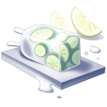 A popsicle on a flat surface is shaped like a traditional frozen treat. It is filled with visible cucumber slices and lemon pieces, showcasing the fresh ingredients. The popsicle is partially melted, with droplets of water forming around its base, indicating the heat of the sun. The background features a blurred, sunny outdoor setting, enhancing the sense of warmth and summer. The scene captures the essence of a hot day with the popsicle as the focal point.