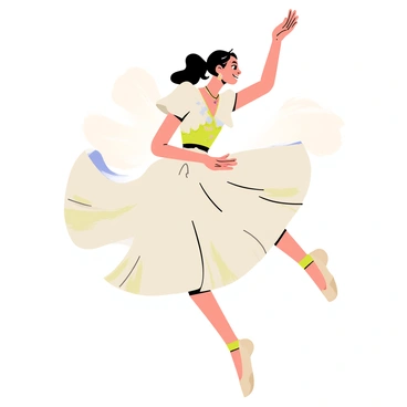 A dancer in a flowing costume made of light, airy fabric, twirling gracefully. The costume has vibrant colors, swirling patterns, and delicate details that accentuate the dancer's movements. Her hair is elegantly styled, flowing behind her as she leaps into the air. The dancer's expression reflects focus and joy, capturing the energy of her performance. The background features soft, abstract shapes that suggest motion and fluidity, enhancing the overall sense of dynamism in the scene.
