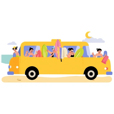 A colorful bus with a bright yellow exterior is parked near the beach. The bus is filled with beach-goers, some sitting in their seats, while others are standing and peering out the windows. Each person is holding colorful towels and vibrant surfboards. The beach-goers are dressed in swimsuits, sunglasses, and flip-flops, excited for their sunny day at the beach. In the background, the sandy shore and gentle waves are visible, enhancing the beach atmosphere.