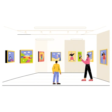 An art gallery with white walls and polished wooden floors. Brightly lit, the space is filled with various frames containing colorful paintings. Each painting features distinct subjects such as a vibrant landscape, a whimsical portrait, and an abstract design. Some paintings have characters and elements beginning to move and step out of their frames, bringing life to the artwork. A curious visitor observes in awe, standing in the center of the gallery. The character from the portrait extends a hand towards the visitor, while the landscape figures dance joyfully around the gallery, enhancing the magical atmosphere.