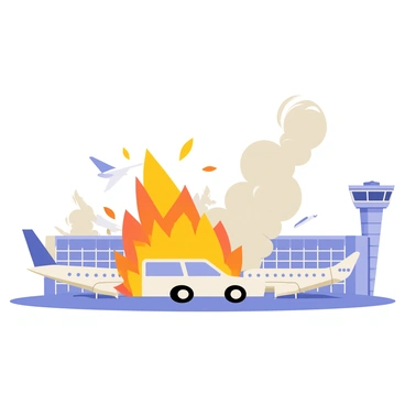 A car explosion at an airport terminal with planes visible in the background