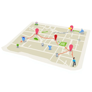 A detailed crime map displayed on a large sheet of paper. The map features a variety of streets, landmarks, and neighborhood outlines in muted tones. Bright red pins mark the locations of interest, each pin topped with a small flag indicating its significance. Thin, colorful strings connect the pins to various clues scattered across the map, each clue represented by small symbols or notes. Some strings crisscross and create an intricate web, showing relationships between the clues, while others lead to additional markers with brief descriptions. The overall composition is organized yet chaotic, reflecting the complexity of the investigation.