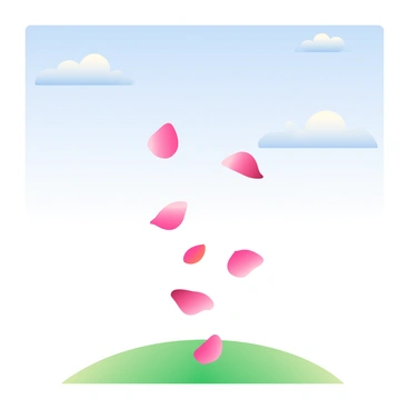 A collection of vibrant pink rose petals is scattered across the foreground, appearing to fall gracefully as if dropped from above. The petals are shown in various stages of descent, creating a sense of movement. In the background, a clear blue sky stretches endlessly, with soft white clouds gently drifting. A few petals rest on the lush green grass below, enhancing the contrast between the colors. The scene captures the delicate beauty of nature in a serene yet dynamic moment.