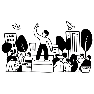 A woman standing confidently at a podium in a public square, gesturing with one arm raised. The surrounding crowd is engaged, with a mix of people holding banners that read "Women's Rights" and "Equality for All." In the background, there are tall buildings and trees lining the square. A few pigeons are flying overhead, adding movement to the scene. The sky is clear, providing a sense of openness to the moment.