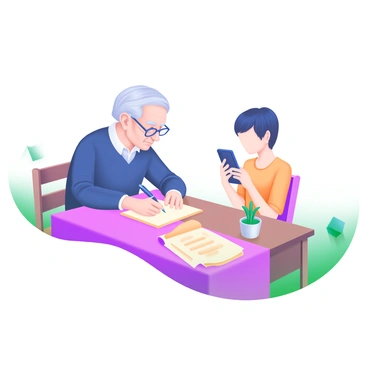 An elder is sitting at a wooden table, writing a letter with an elegant fountain pen. The elder has silver hair and wears reading glasses, focusing intently on the paper. The table is adorned with a soft pastel-colored tablecloth, enhancing the cozy atmosphere. Opposite the elder, a young person is sitting, absorbed in texting on a smartphone. The young person has short, styled hair and a bright, casual outfit. On the table, there are scattered letters and a small potted plant, contributing to the warm and inviting scene.