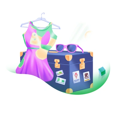 A retro-style mini dress featuring large buttons is draped elegantly over a vintage trunk. The dress is made of a colorful patterned fabric that suggests a playful, nostalgic vibe. The vintage trunk has brass hardware and is adorned with travel stickers from various destinations. Sunlight filters in, casting gentle shadows and highlighting the textures of both the dress and the trunk. A pair of stylish sunglasses rests on the trunk, adding to the charming retro theme.