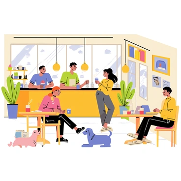 A cartoon-style illustration of a bustling coffee shop filled with various patrons. The interior features a warm, inviting atmosphere with wooden furniture and colorful decorations. A barista is standing behind a counter, preparing drinks, while a couple is sitting at a small round table, sharing a laugh over their cups of coffee. In the corner, a person is working on a laptop, surrounded by scattered papers. A large window shows the outside world, with people walking by and a dog waiting patiently. The walls are adorned with vibrant art pieces, creating a lively and cozy scene.