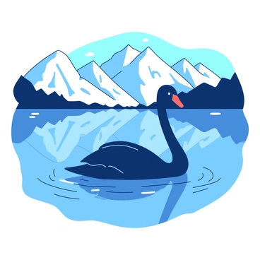 A black swan under a clear sky in a lake nestled among snow-capped mountains