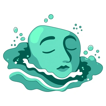 A teal face is emerging from the ocean waves, with intricate details of the facial features blending seamlessly into the sea. The waves are dynamic, rolling gently and reflecting shades of teal and white. The expression on the face is calm, with eyes softly closed and features marked by gentle wave patterns. Bubbles are rising around the face, adding a sense of movement and life to the scene. The overall composition captures the connection between the face and the ocean, creating a harmonious visual interaction.