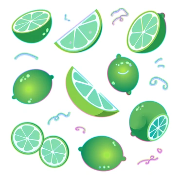 A page filled with playful doodles of "limes" and "lime slices" in various sizes and orientations. The limes are drawn in vibrant green shades, showcasing their smooth, glossy texture. Some limes are whole, while others are cut in half, revealing the bright, juicy interior with its small, white seeds. The lime slices are depicted at different angles, highlighting their curved edges and tangy zest. Scattered throughout the page are whimsical elements such as smiling faces on the limes and playful squiggles that enhance the cheerful theme of the doodles.