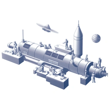 A busy space station suspended in the vastness of space. The structure is intricate, featuring multiple modules connected by cylindrical walkways. Outside the station, a distant planet can be seen, displaying its swirling atmosphere. Numerous astronauts are engaged in various tasks, some floating in zero gravity while working on a satellite, others conducting experiments at a workstation. The station is equipped with large windows that allow a view of the planet below, while tools and equipment are organized around the astronauts as they collaborate on their projects.